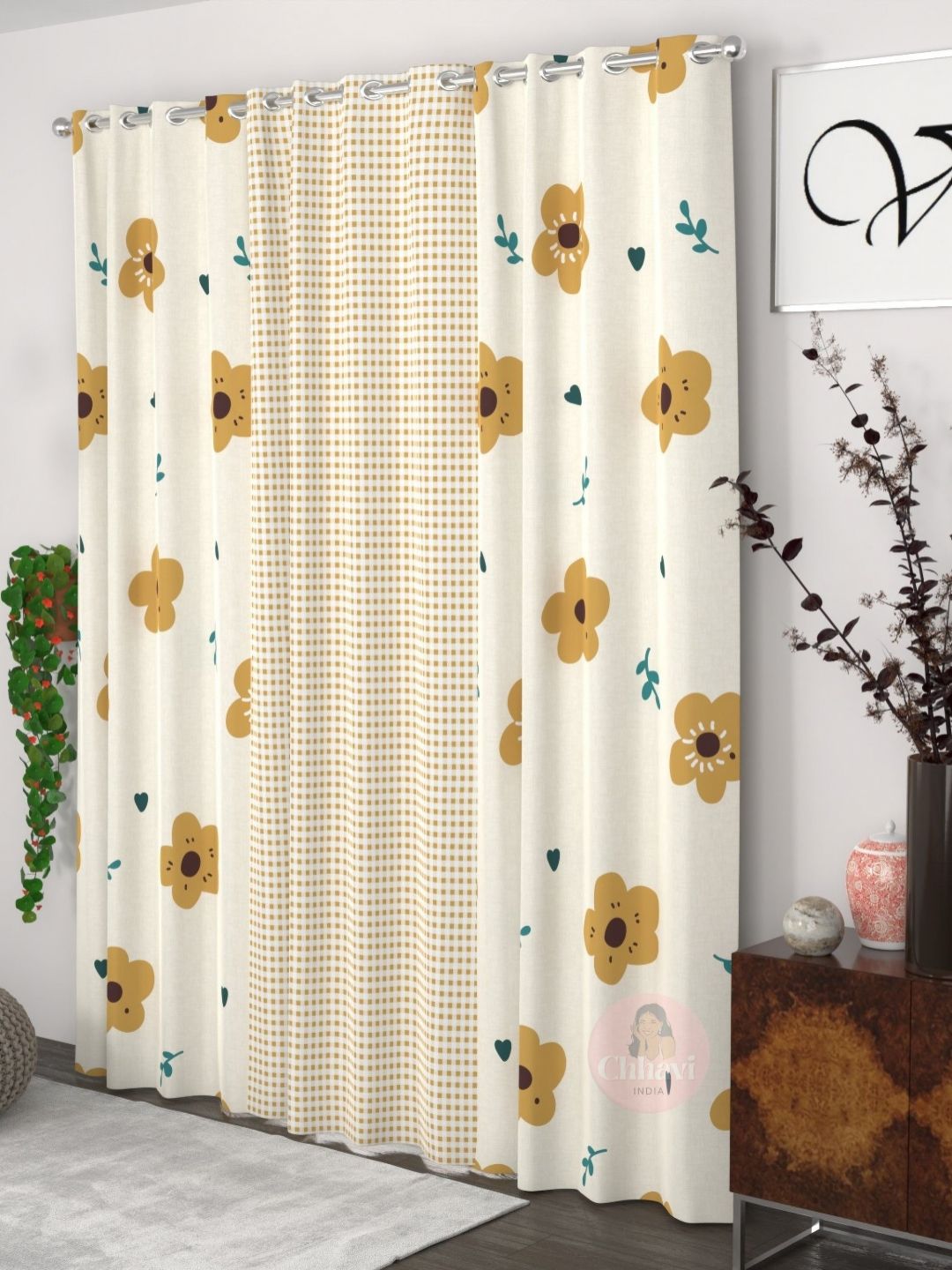 CHHAVI INDIA Yellow & White 3 Pieces Floral Door Curtain