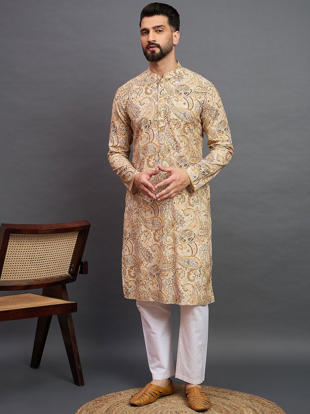 House of Pataudi Paisley Printed Mandarin Collar Pure Cotton Kurta