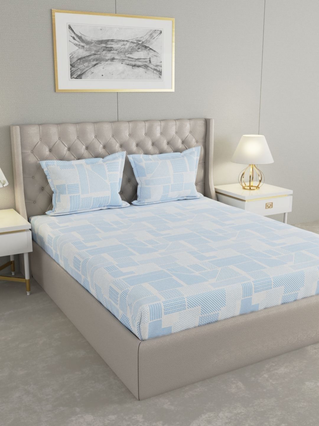 Raymond Home Raymond Home Blue & White Geometric 200 TC Queen Bedsheet with 2 Pillow Covers