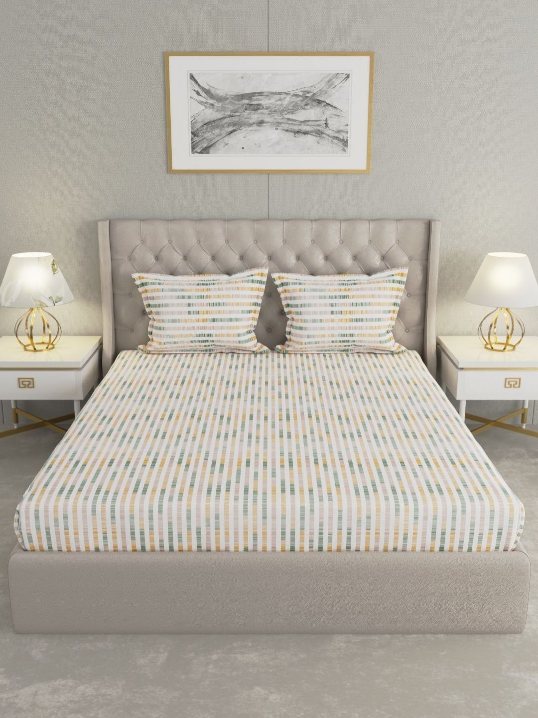 Raymond Home Raymond Home White & Green Geometric 200 TC Queen Bedsheet with 2 Pillow Covers