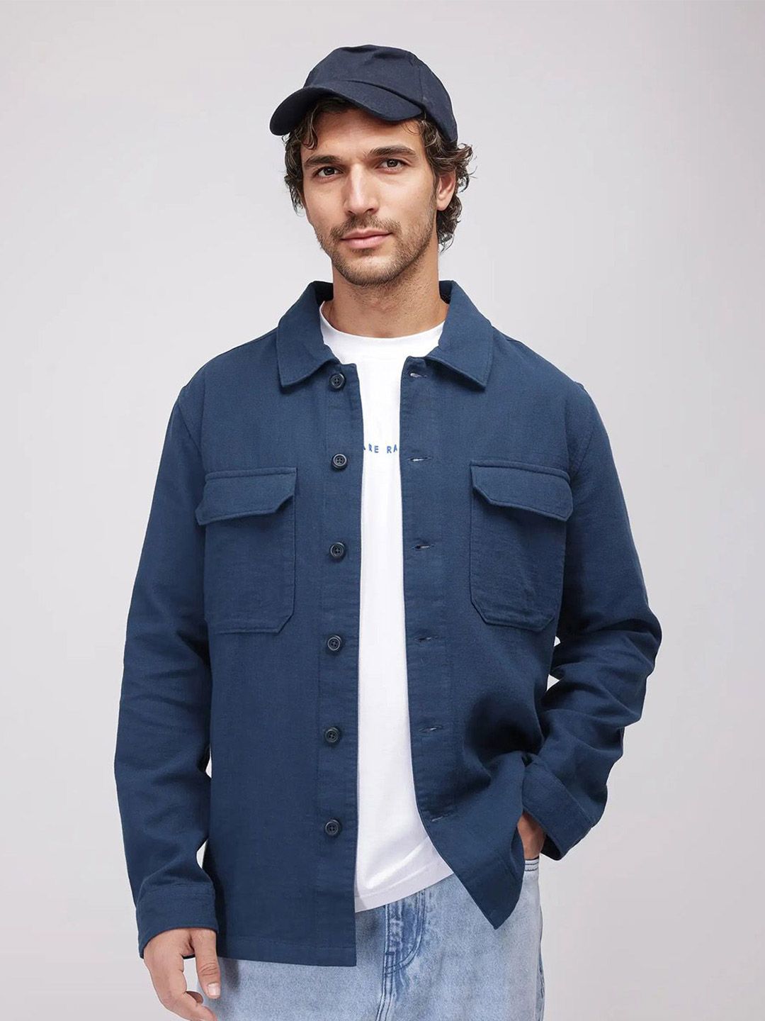 RARE RABBIT Men Blue Regular Fit Plain Casual Shacket