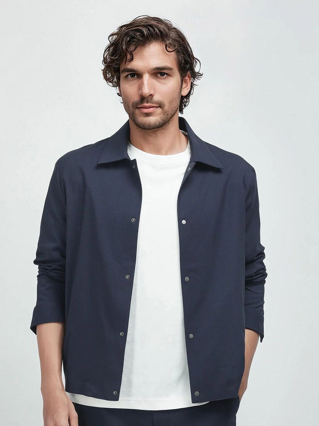 RARE RABBIT Men Navy Regular Fit Checked Casual Shacket