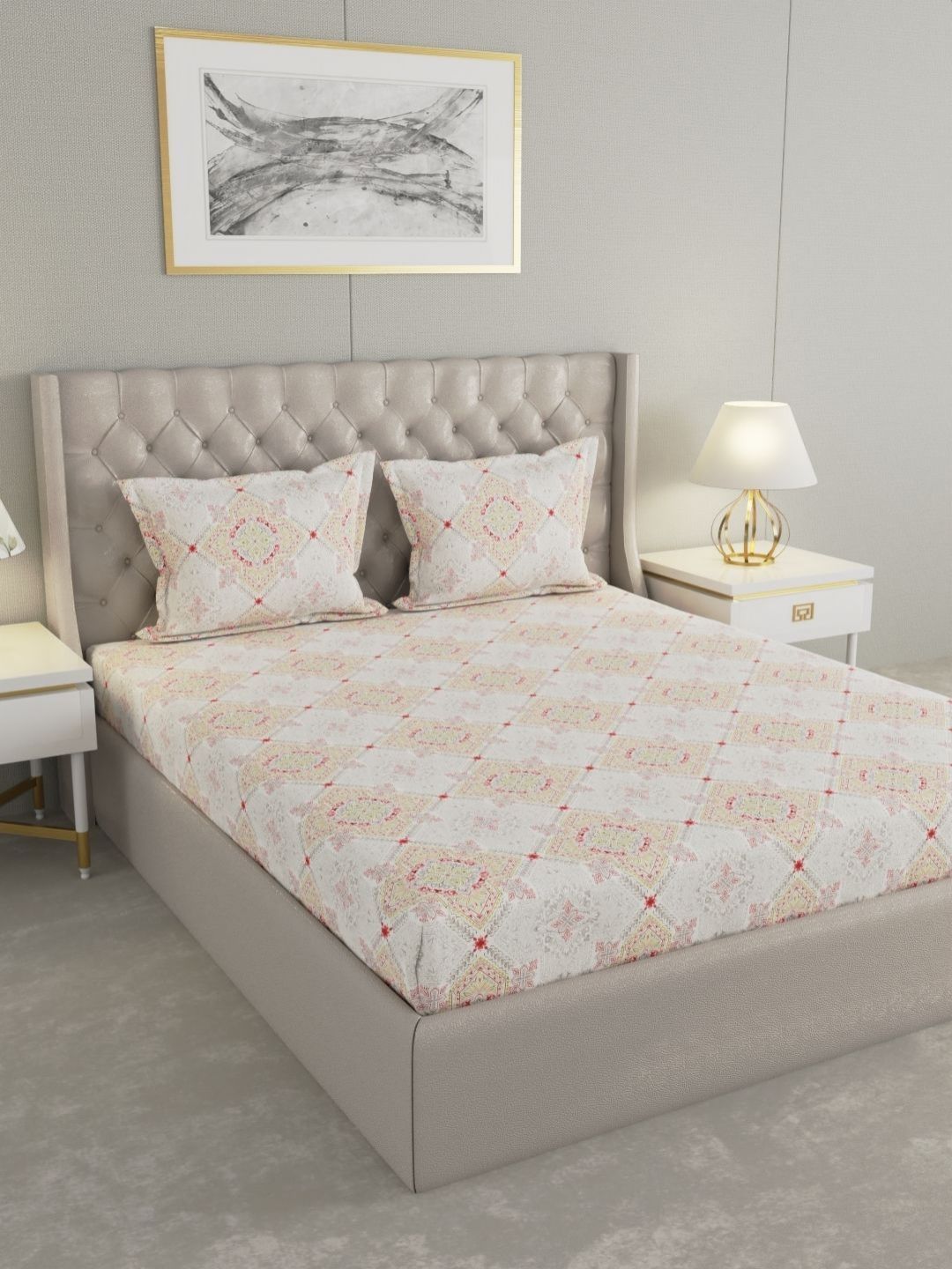 Raymond Home Raymond Home Red & Grey Ethnic Motifs 200 TC Queen Bedsheet with 2 Pillow Covers
