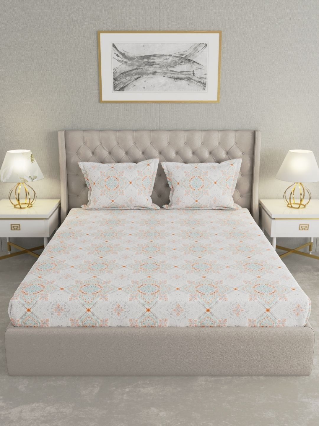 Raymond Home Raymond Home Orange & White Ethnic Motifs 200 TC Queen Bedsheet with 2 Pillow Covers