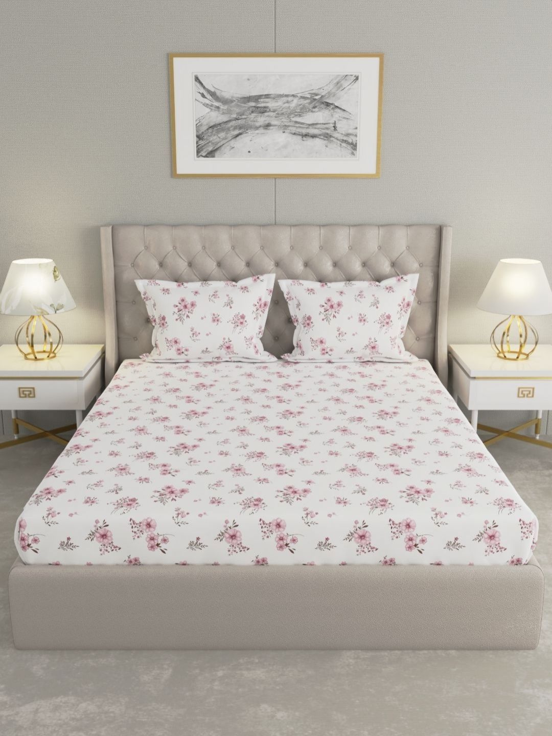Raymond Home Raymond Home Purple & White Floral 200 TC Queen Bedsheet with 2 Pillow Covers