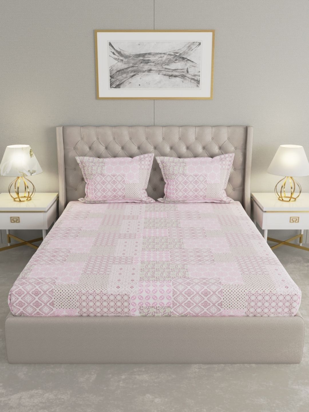 Raymond Home Raymond Home Pink & White Ethnic Motifs 200 TC Queen Bedsheet with 2 Pillow Covers