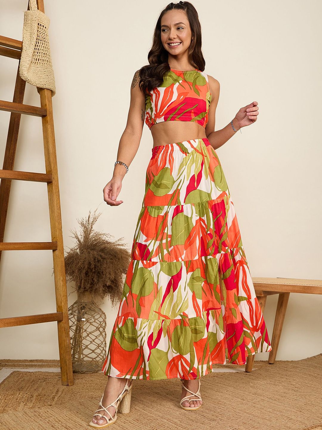 WineRed Printed Round Neck Top With Skirt Co-Ords
