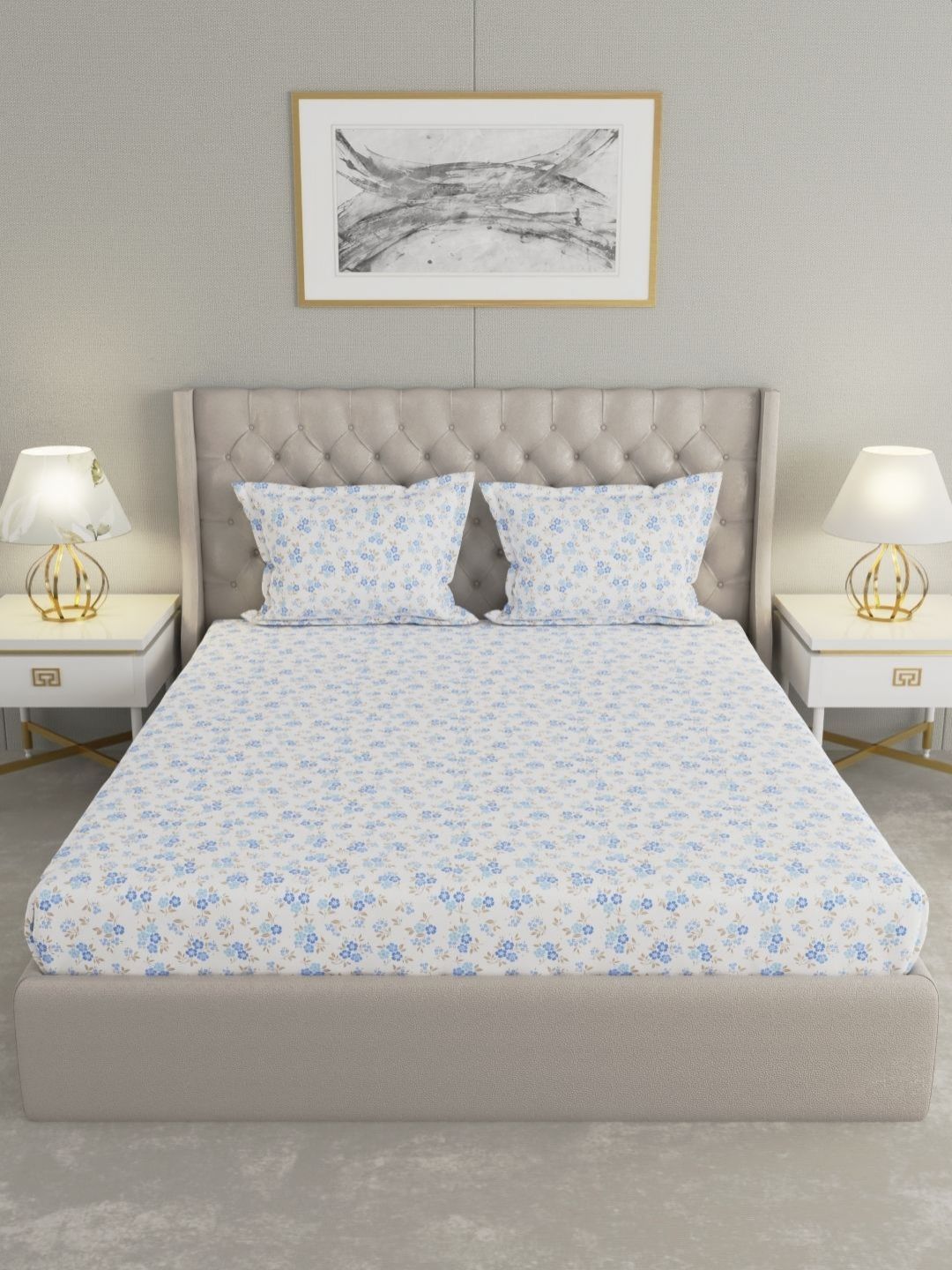 Raymond Home Raymond Home Blue & White Floral 200 TC Queen Bedsheet with 2 Pillow Covers