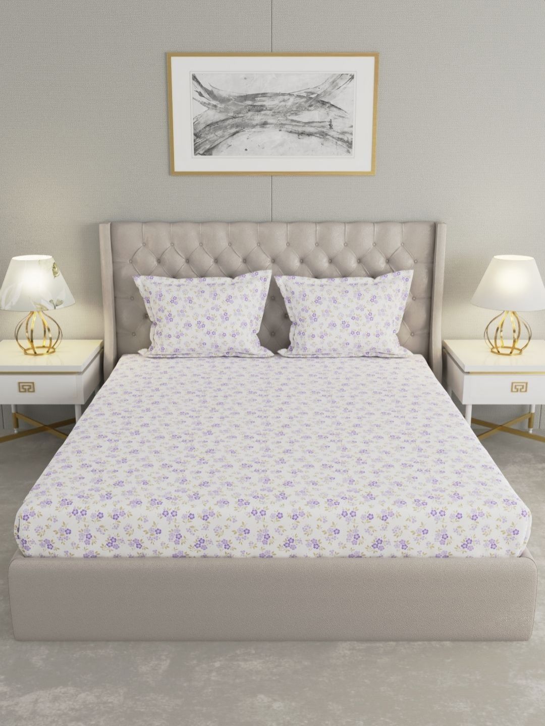 Raymond Home Raymond Home Lavender & White Floral 200 TC Queen Bedsheet with 2 Pillow Covers