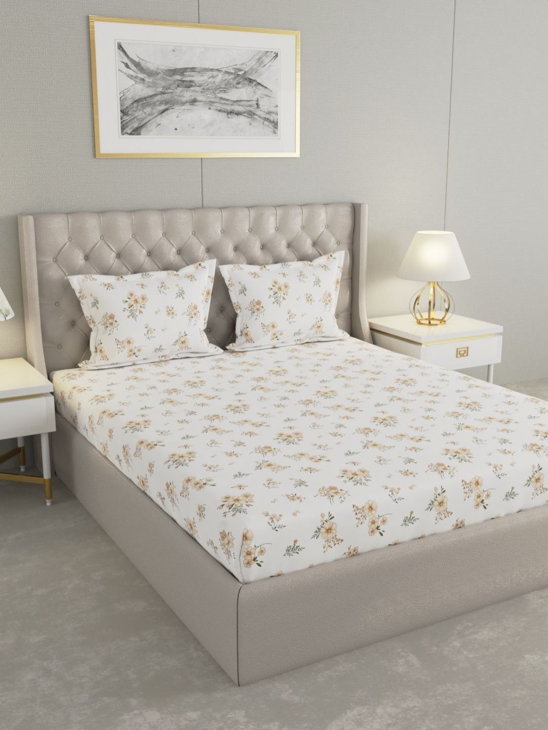 Raymond Home Raymond Home Cream-Coloured & Yellow Floral 200 TC Queen Bedsheet with 2 Pillow Covers