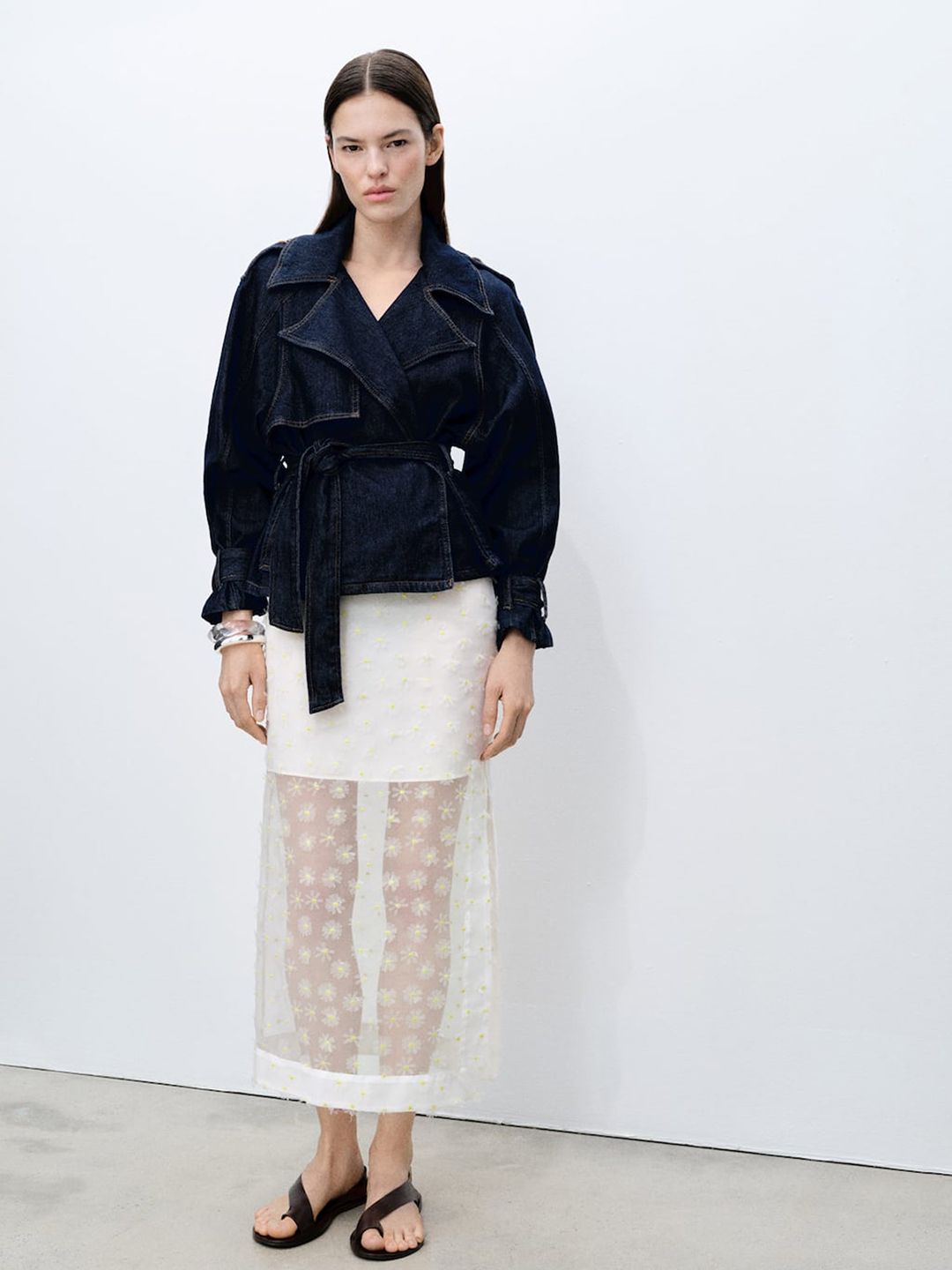 Floral Embroidered Semi Sheer Straight Midi Skirt