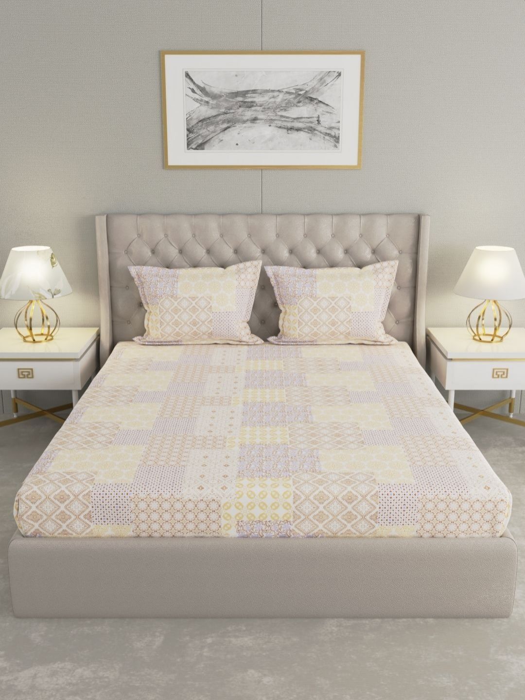 Raymond Home Raymond Home Yellow & Brown Ethnic Motifs 200 TC Queen Bedsheet with 2 Pillow Covers