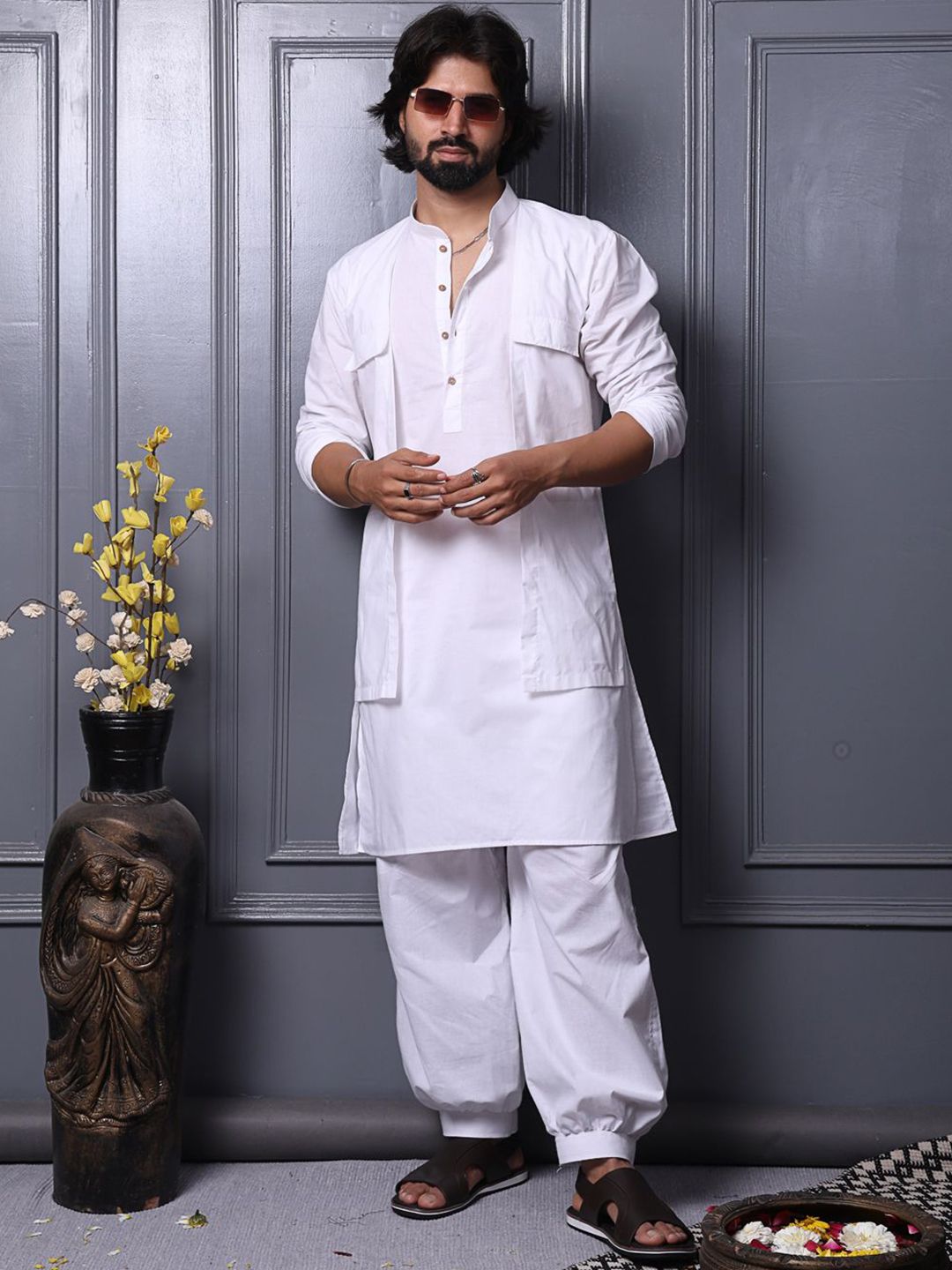MIDAV Men Thread Work White Romance Pathani Kurta