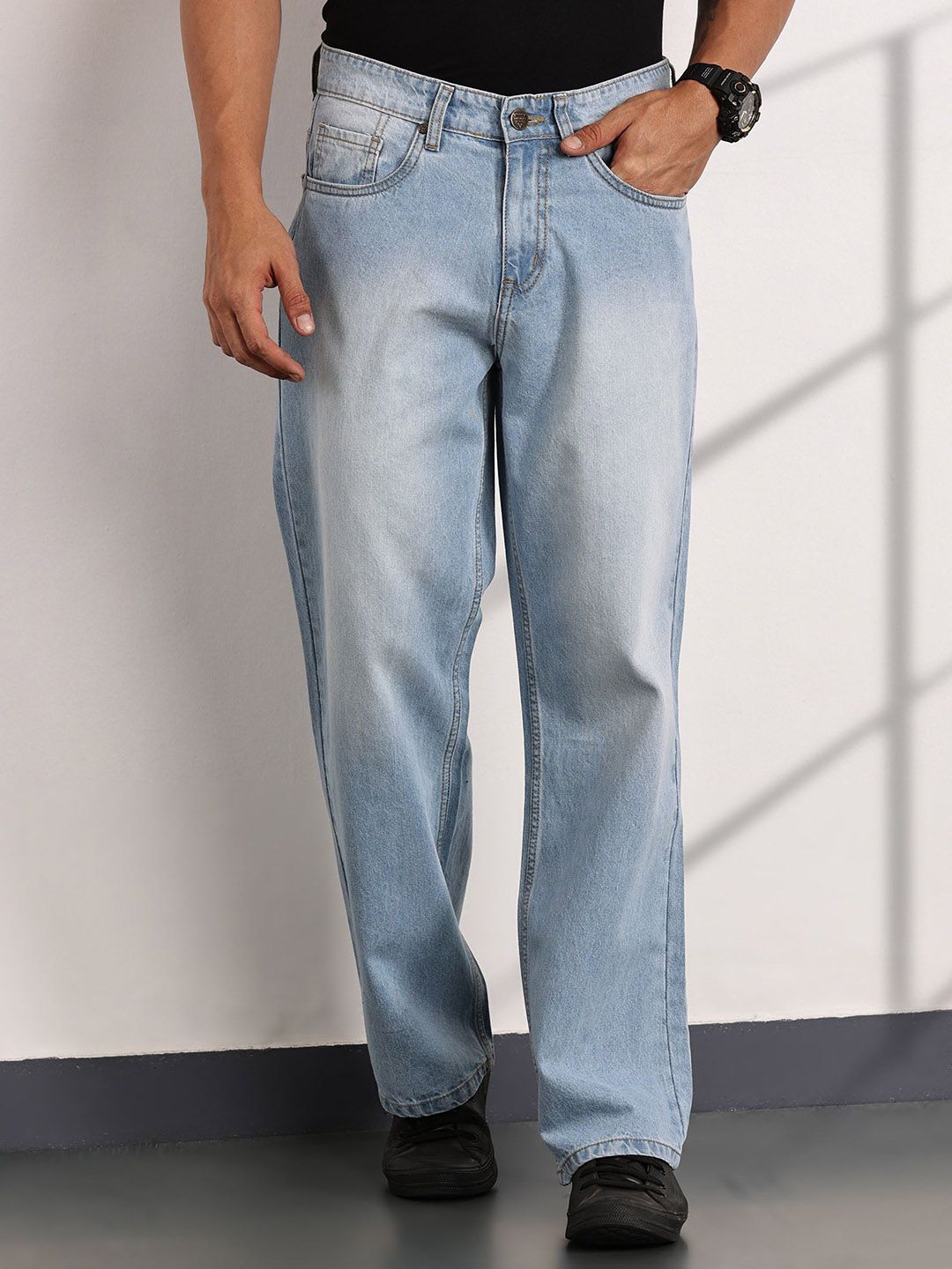 Thomas Scott Men Smart Mid Rise Baggy Fit Cotton Non Stretchable Jeans