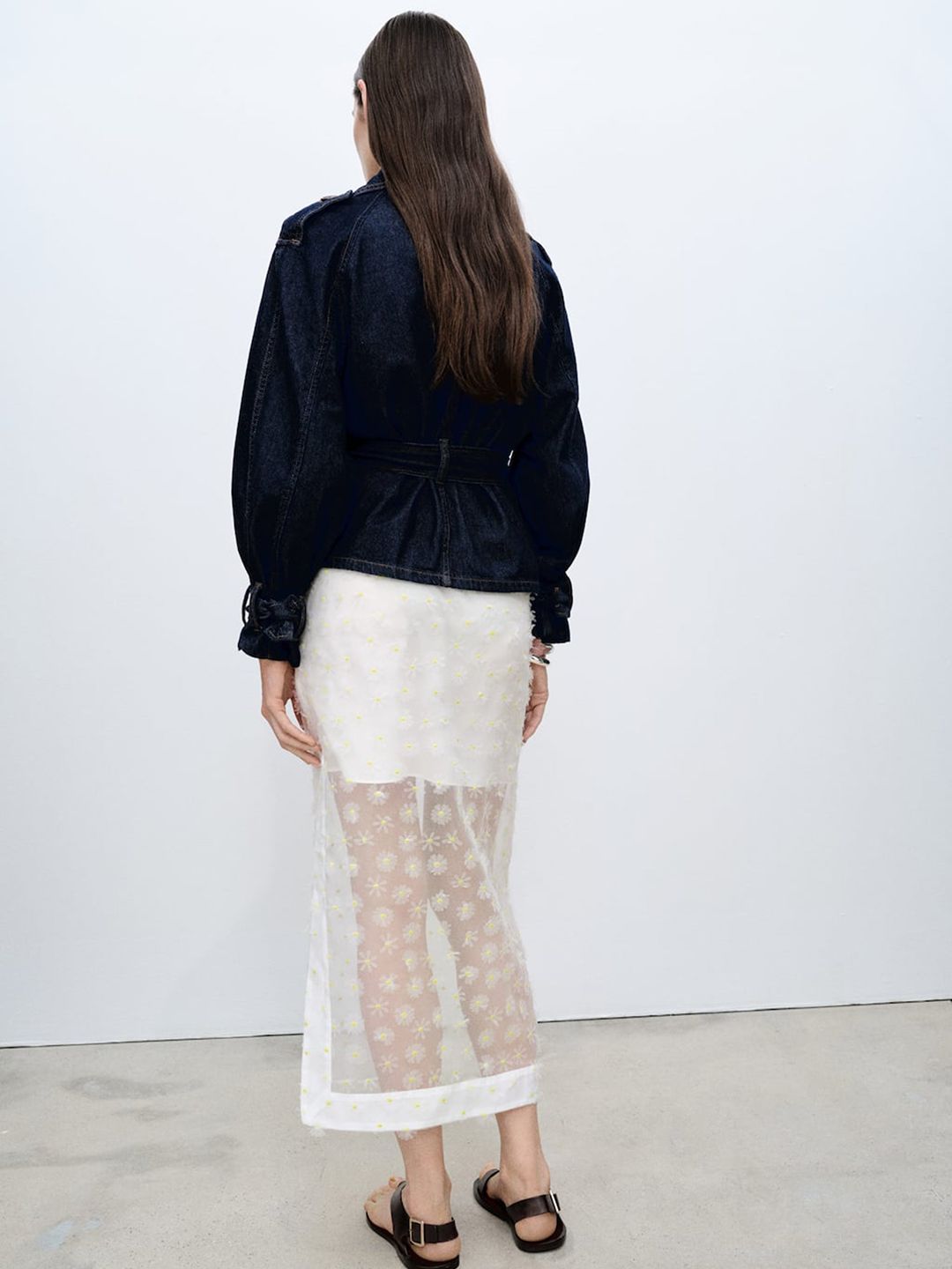 Floral Embroidered Semi Sheer Straight Midi Skirt