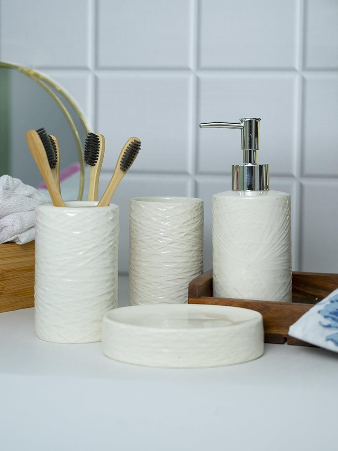 MARKET99 White & Silver-Toned 4 piece Solid Ceramic Bath Accessories Set