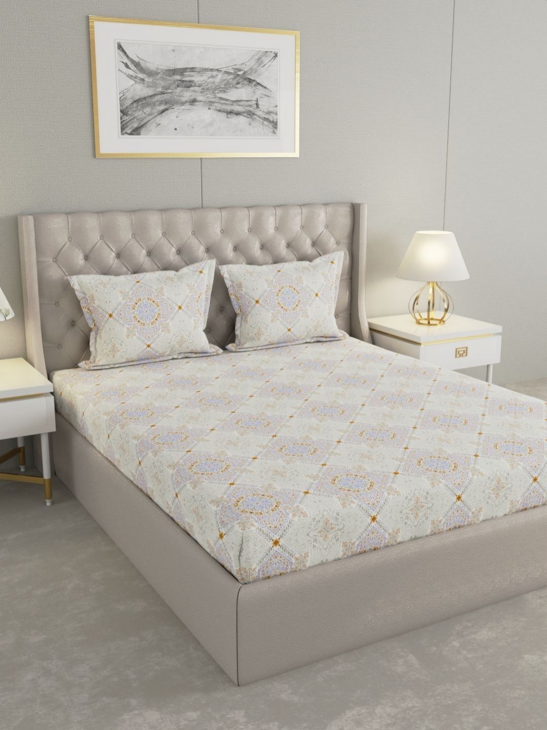 Raymond Home Raymond Home Lavender & White Ethnic Motifs 200 TC Queen Bedsheet with 2 Pillow Covers