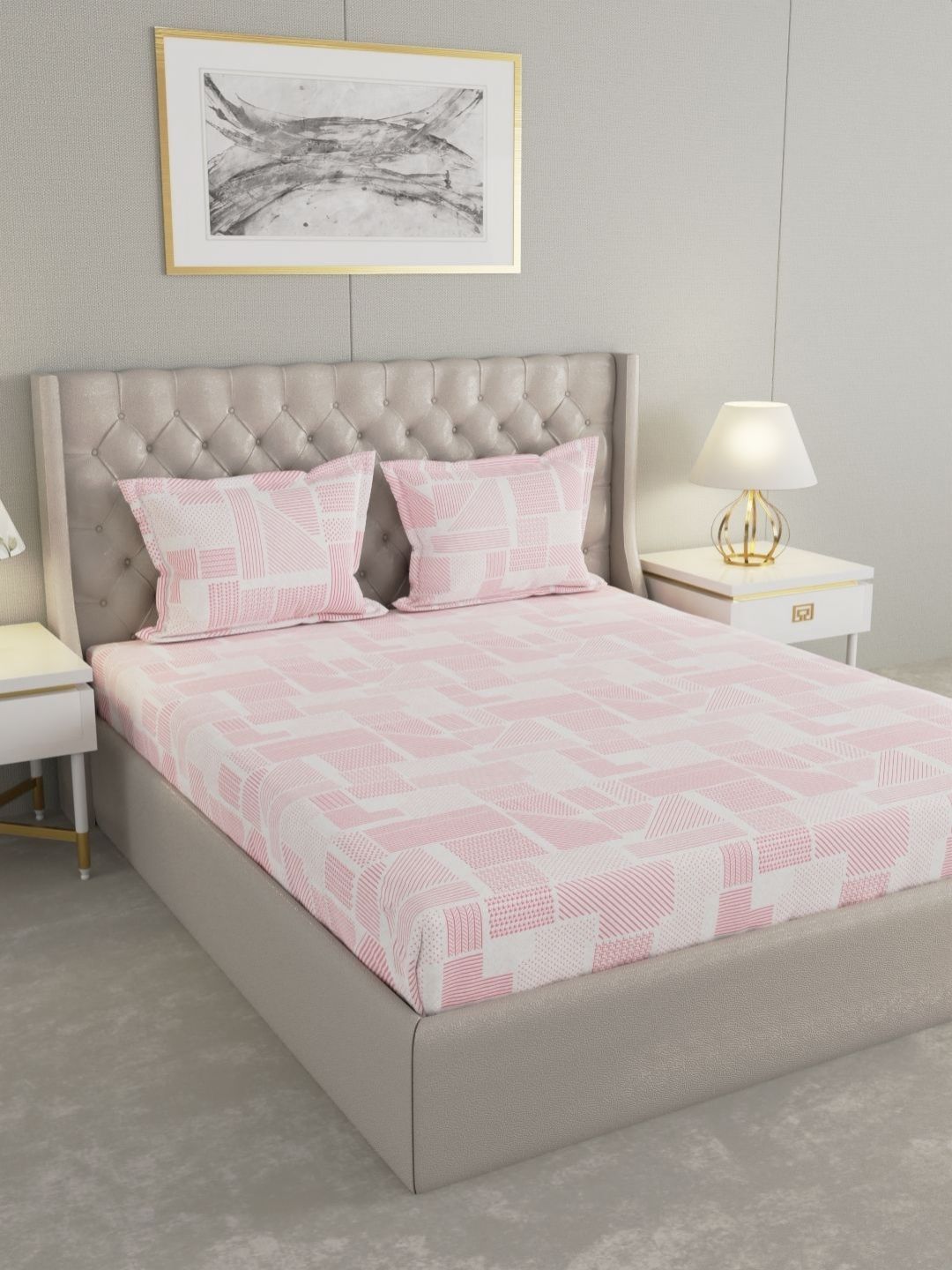 Raymond Home Raymond Home Pink & White Geometric 200 TC Queen Bedsheet with 2 Pillow Covers