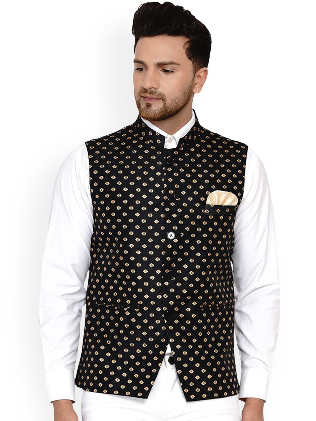 VEERA PARIDHAAN Printed Banarasi  Design Mandarin Collar Nehru Jackets