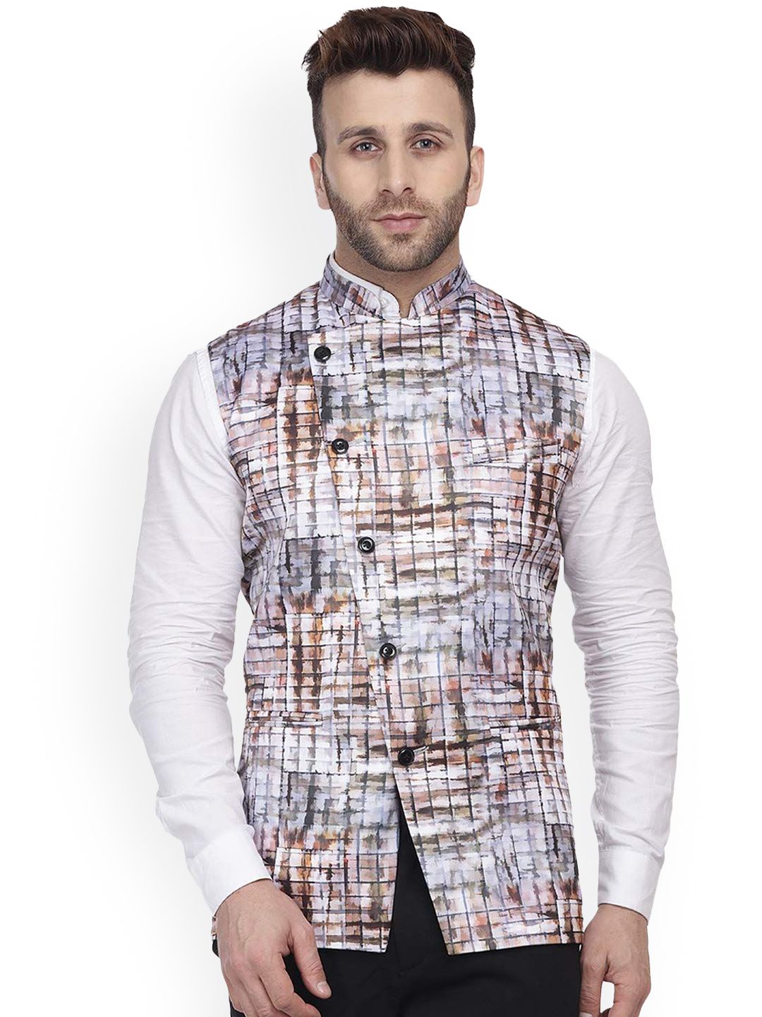 VEERA PARIDHAAN Satin Printed Mandarin Collar Nehru Jacket