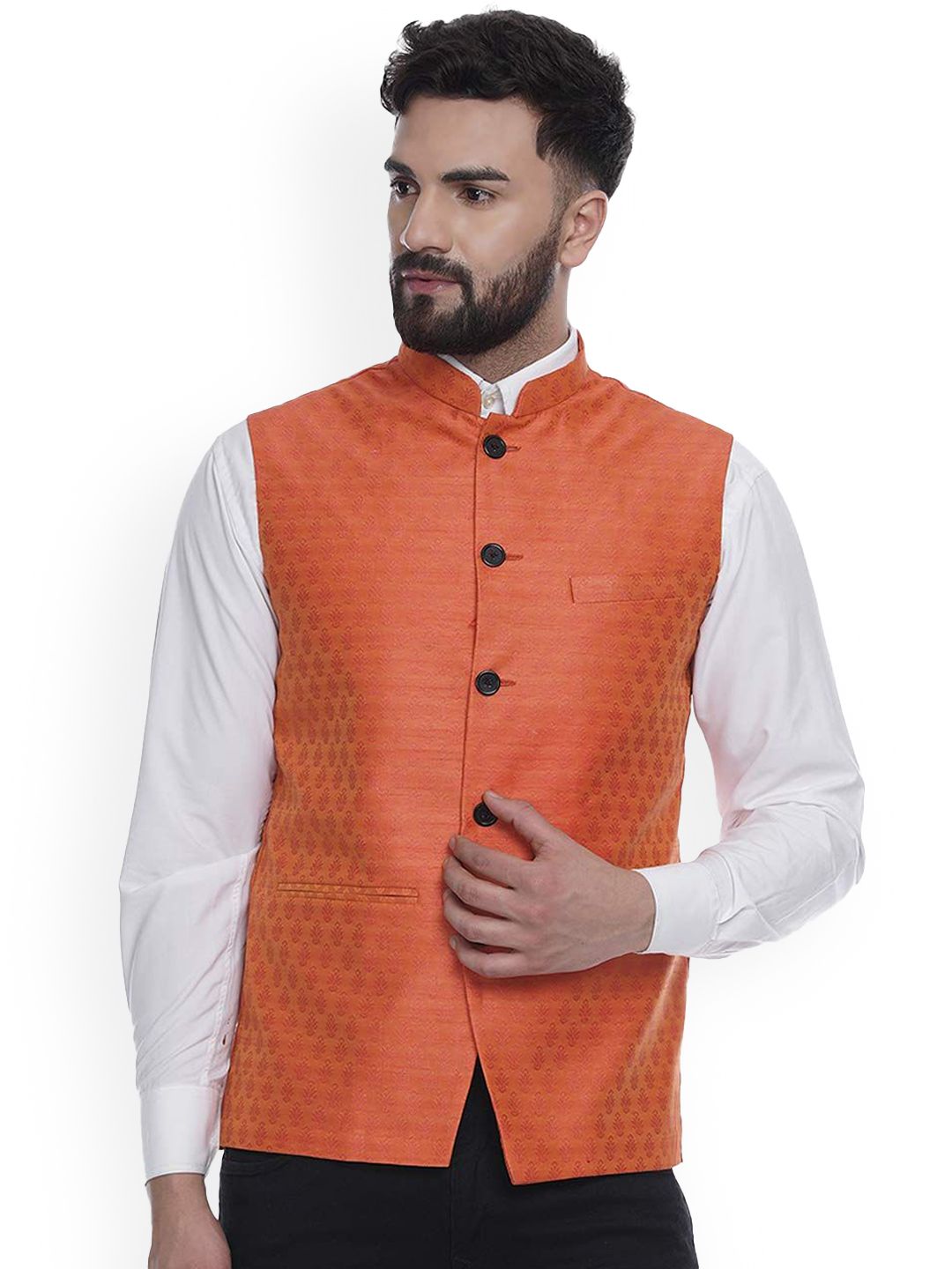 VEERA PARIDHAAN Jacquard Silk Printed Mandarin Collar Nehru Jacket