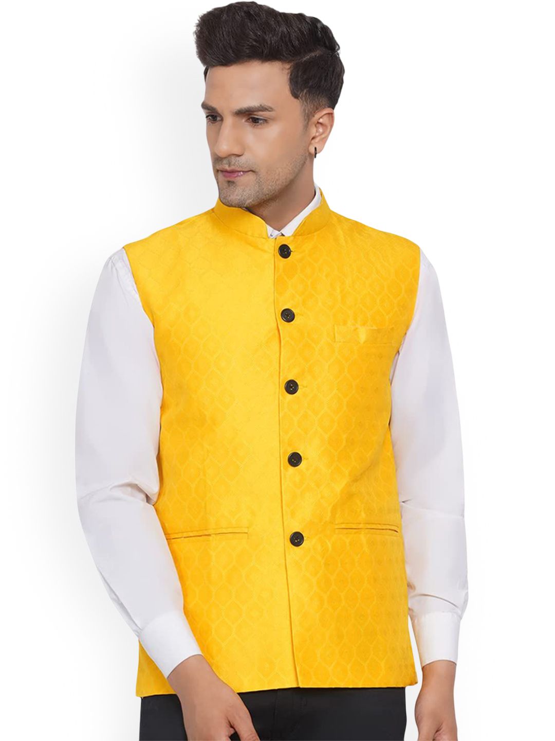VEERA PARIDHAAN Printed Jacquard Design Mandarin Collar Nehru Jacket