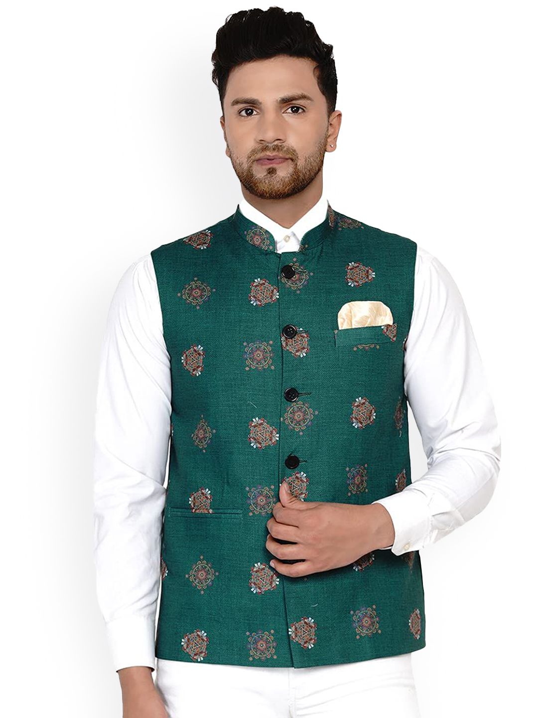 VEERA PARIDHAAN Pure Cotton Printed Mandarin Collar Nehru Jacket