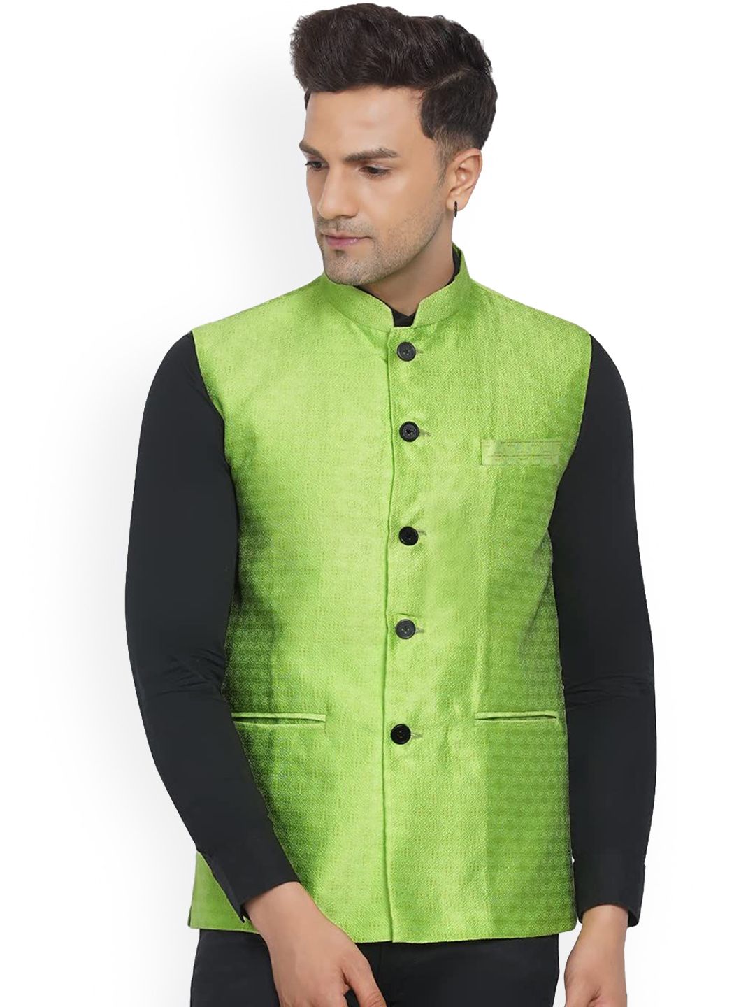 VEERA PARIDHAAN Jacquard Printed Mandarin Collar Nehru Jacket