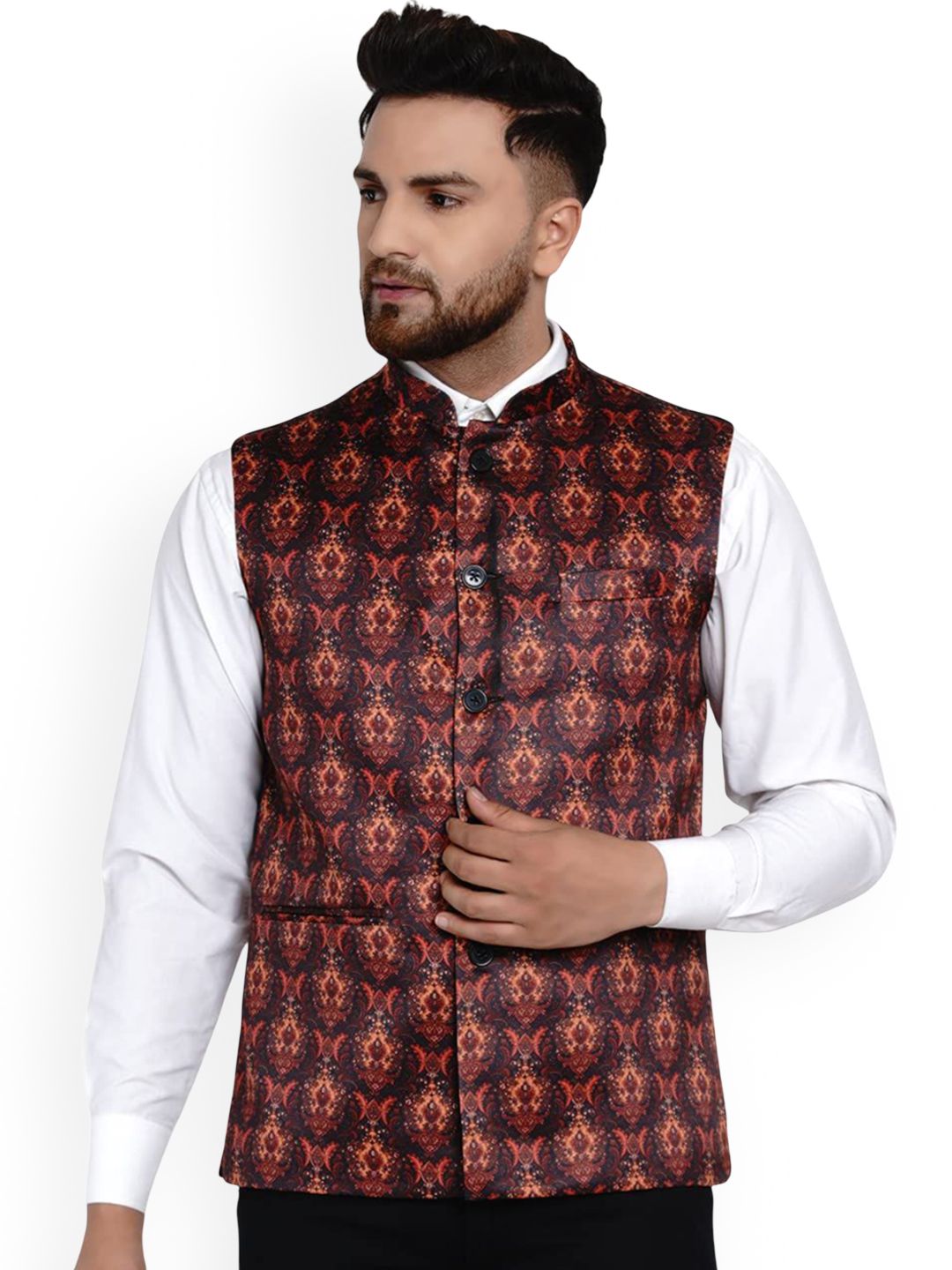 VEERA PARIDHAAN Satin Printed Mandarin Collar Nehru Jacket