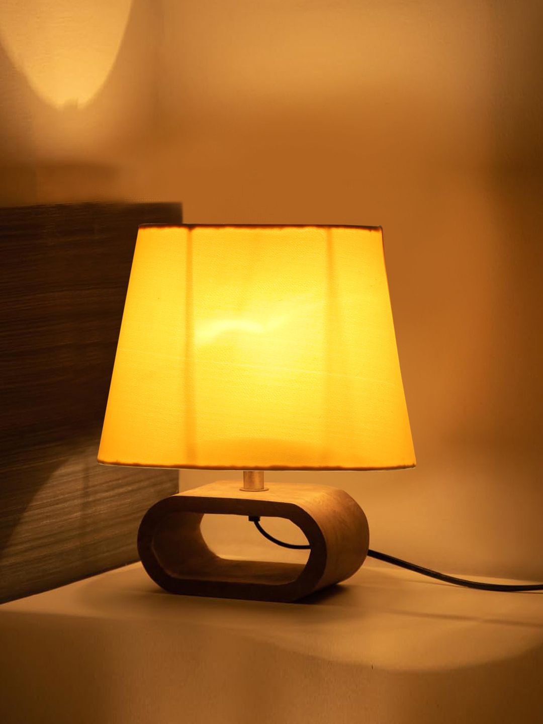 Devansh Yellow Wood Traditional Frusturical Shaped Table Lamp