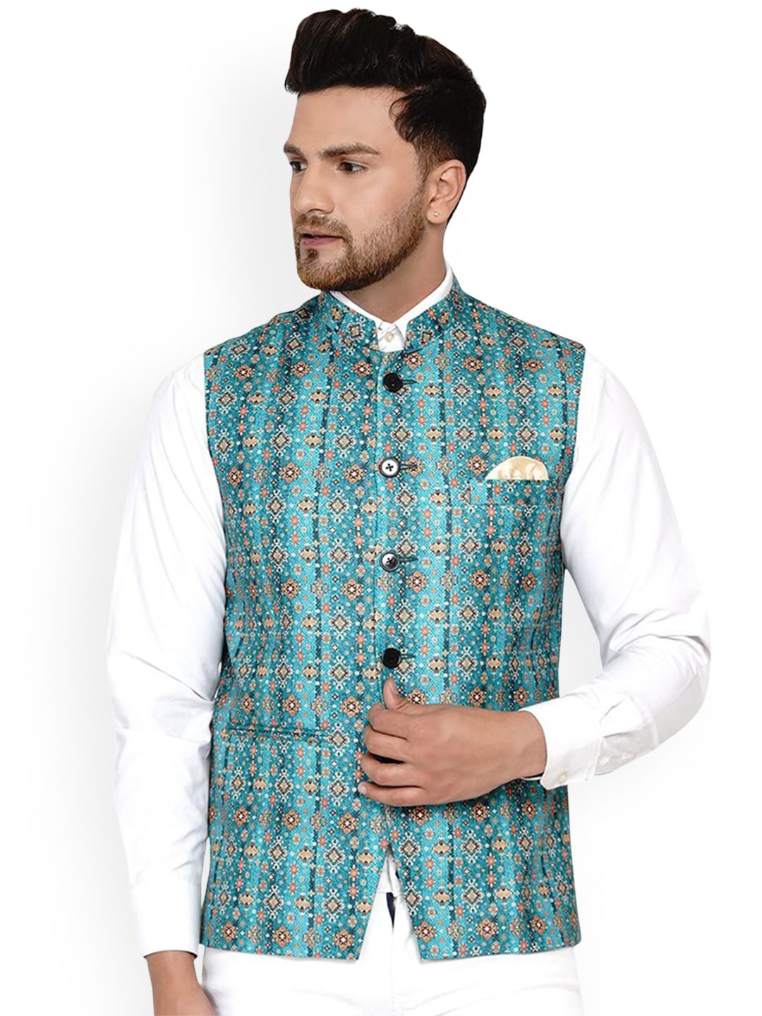 VEERA PARIDHAAN Pure Cotton Printed Mandarin Collar Nehru Jacket