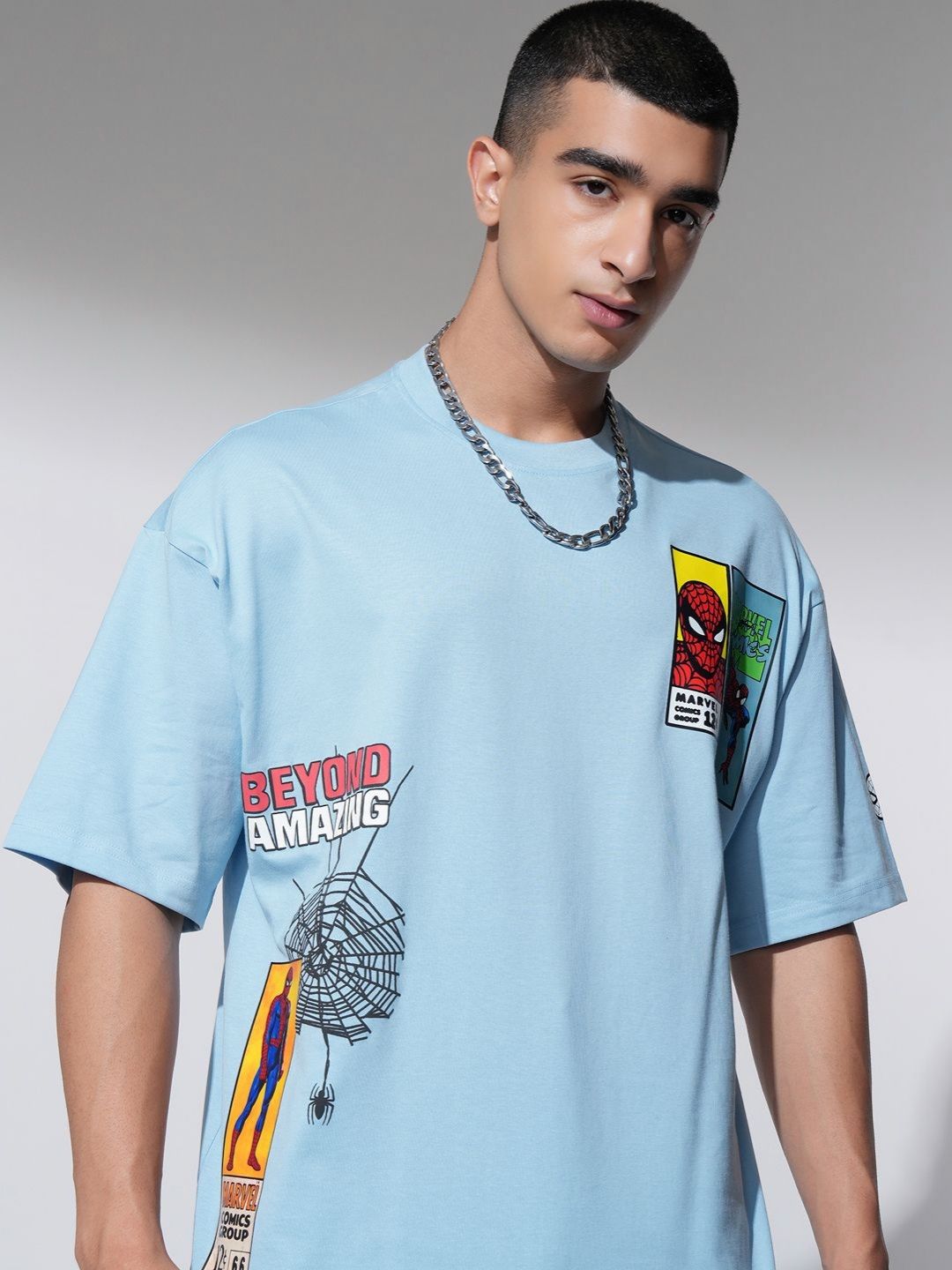 HIGHLANDER Marvel Spiderman Men Round Neck Drop Shoulder Graphic Oversized Tshirt