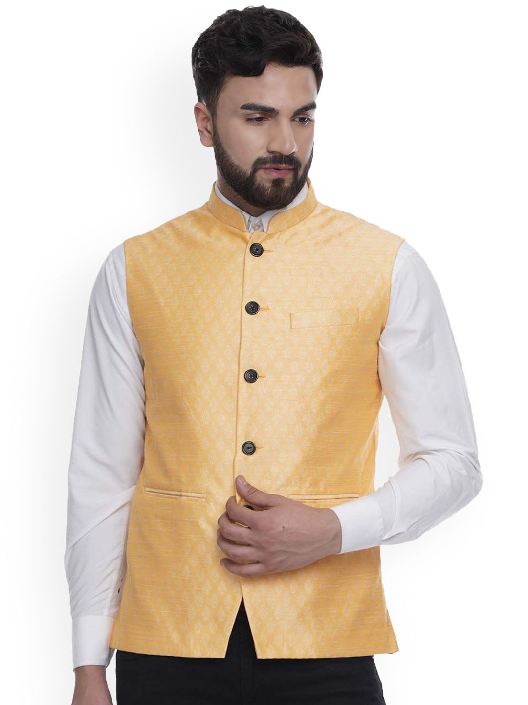 VEERA PARIDHAAN Printed Jacquard Mandarin Collar Nehru Jackets
