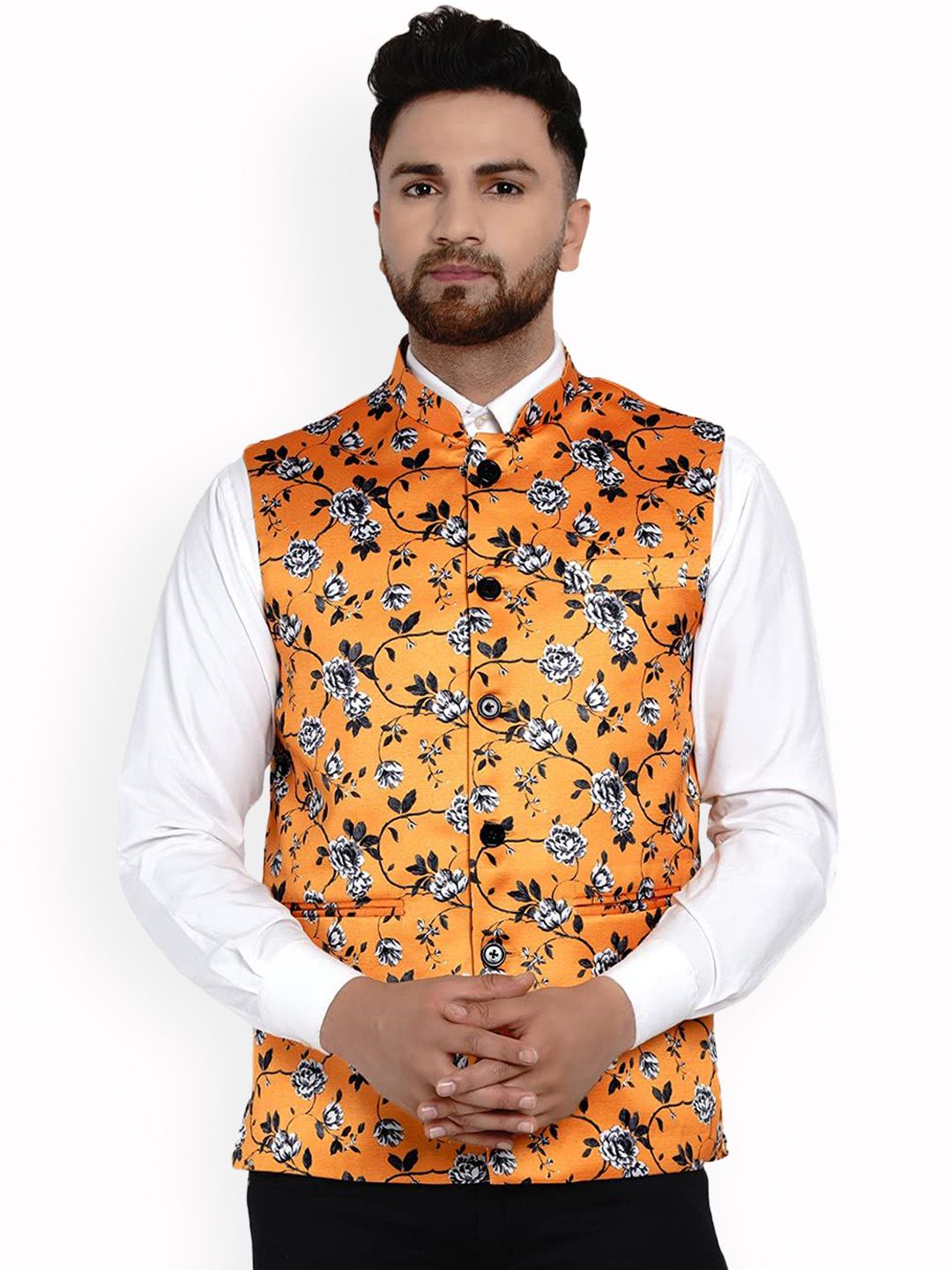 VEERA PARIDHAAN Printed Satin Floral Design Mandarin Collar Nehru Jackets