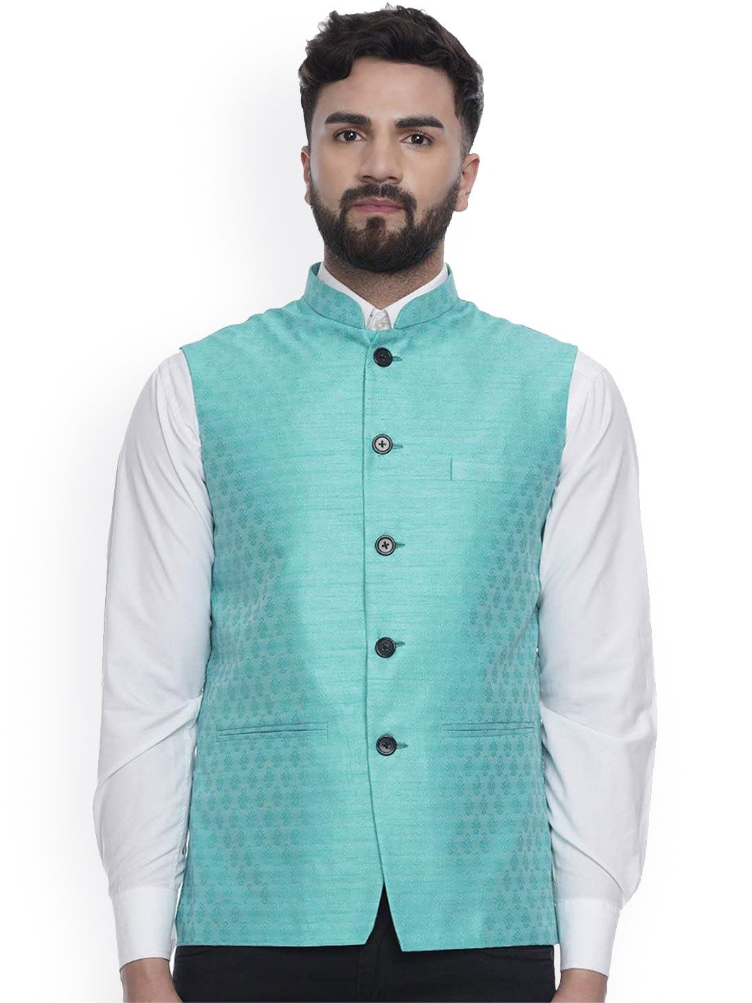 VEERA PARIDHAAN Jacquard Silk Printed Mandarin Collar Nehru Jacket