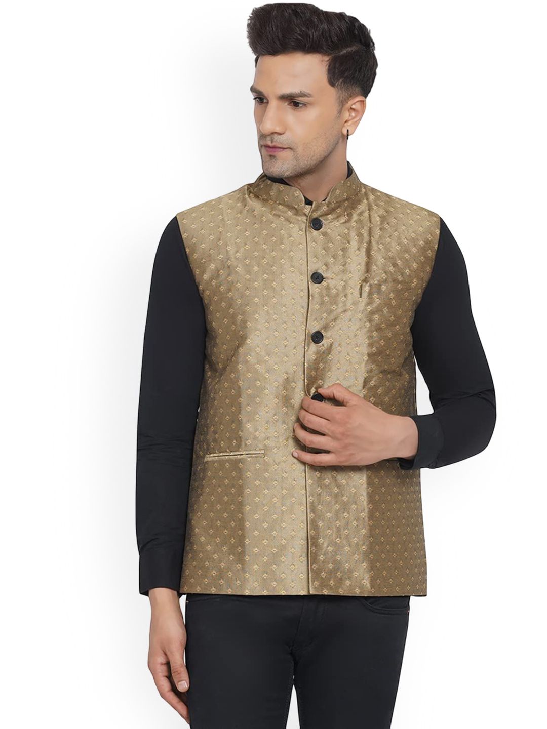 VEERA PARIDHAAN Printed Jacquard Design Mandarin Collar Nehru Jacket