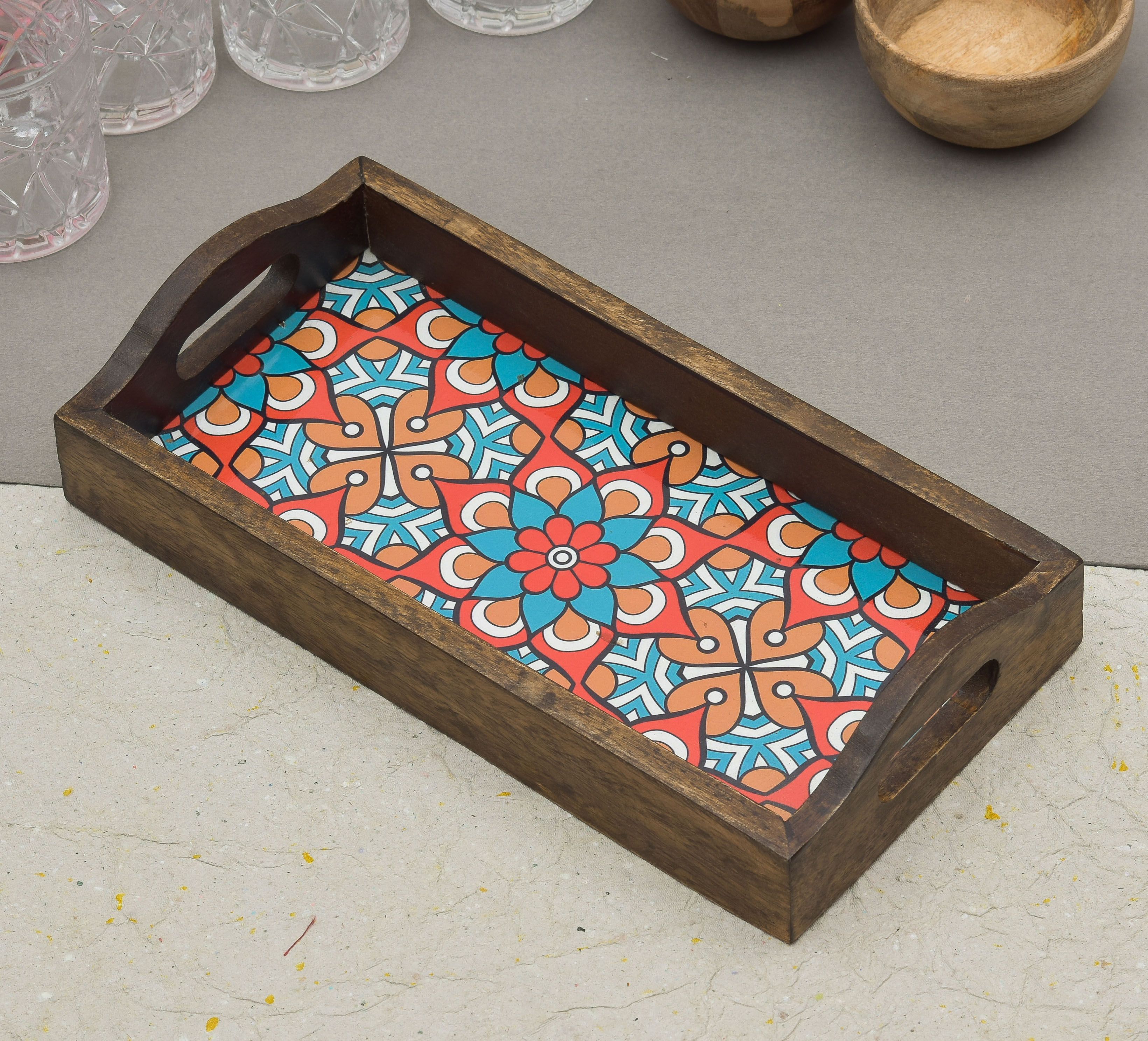 oggn Blue & Brown Floral Printed Wooden Serving Tray