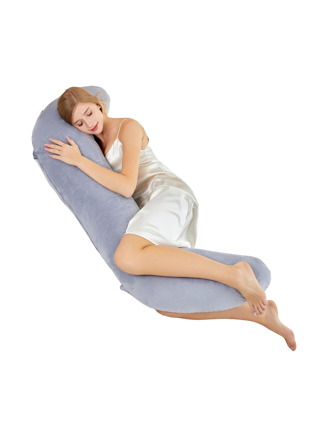 Pum Pum Hollow Fiber Grey Solid Faux Velvet Ultra Soft Fibre Maternity Pillow-1.39 m x 38.1 cm