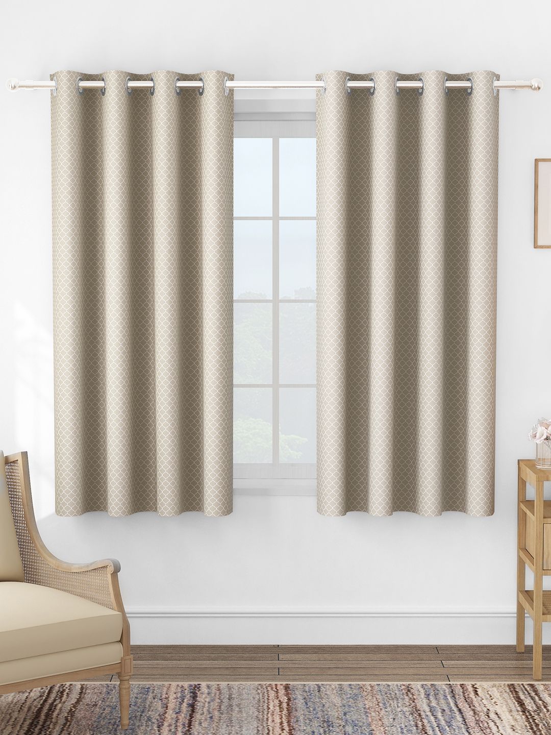 Story@home Story@home Brown & White Set of 2 Geometric Room Darkening Long Door Curtain