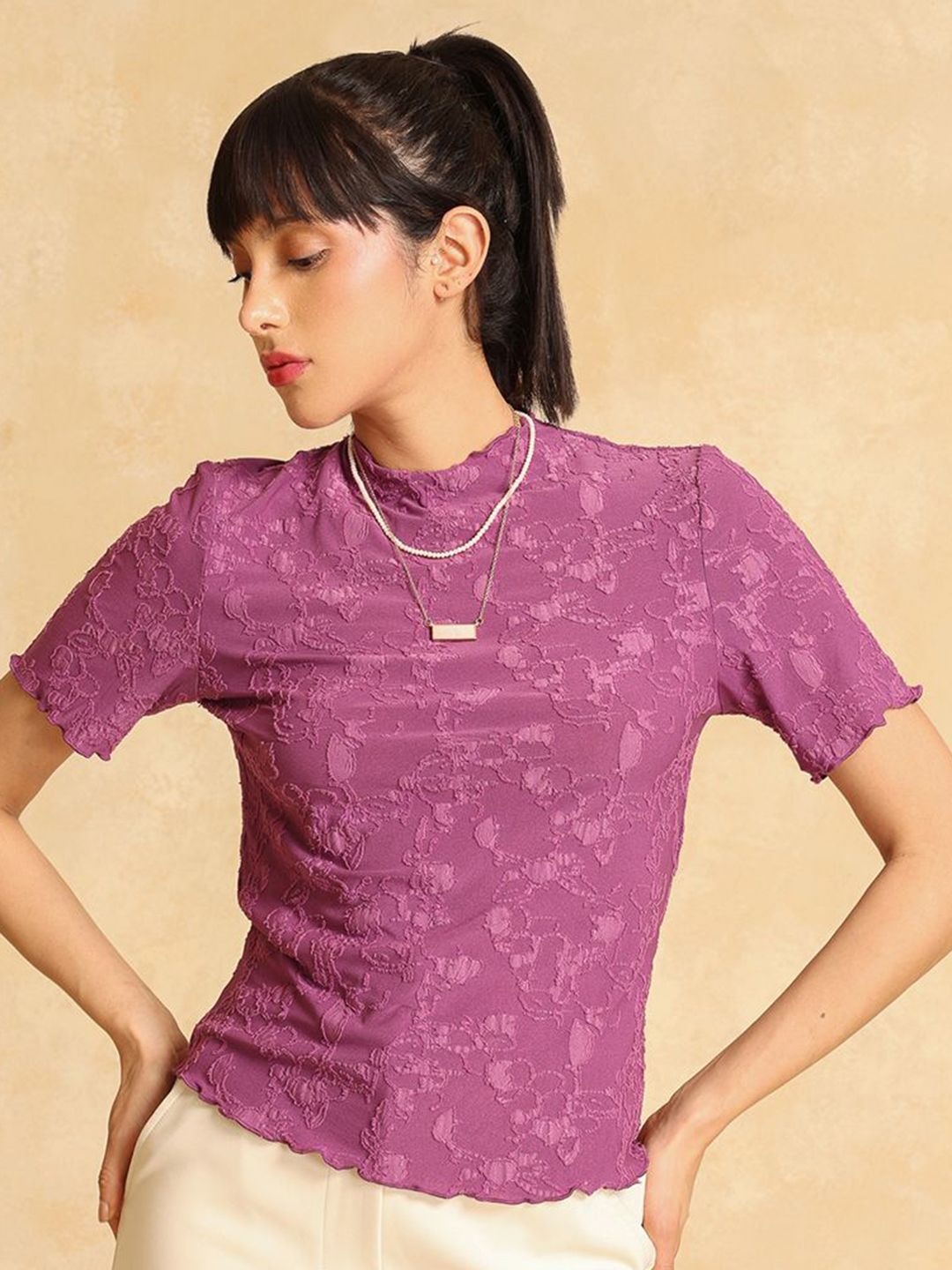 Self Design High Neck Top Kazo Adeline Self Design High Neck Top