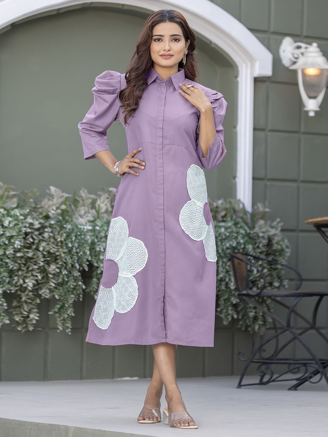 WEAVLLITE Floral Puff Sleeve Applique A-Line Midi Dress