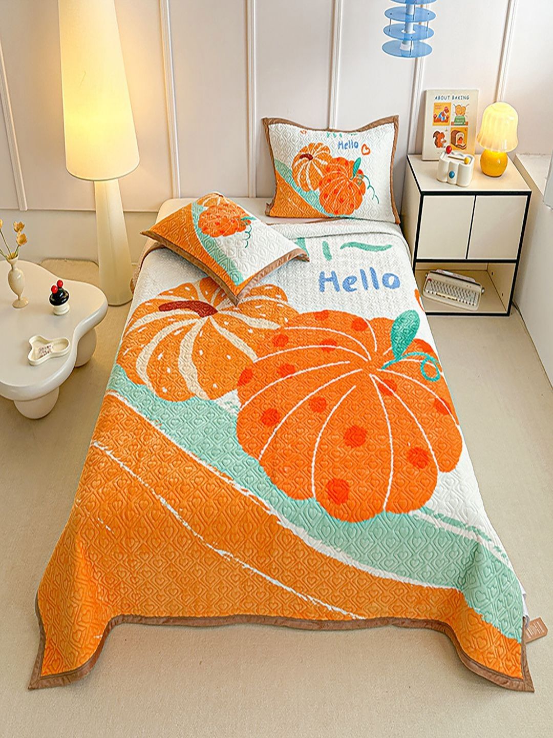 JC HOME Off White & Orange Colored Printed Bed Cover With Pillow