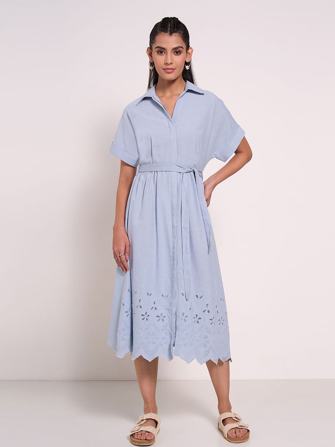 AKKRITI BY PANTALOONS Floral Embroidered Short Sleeves Shirt Midi Dress