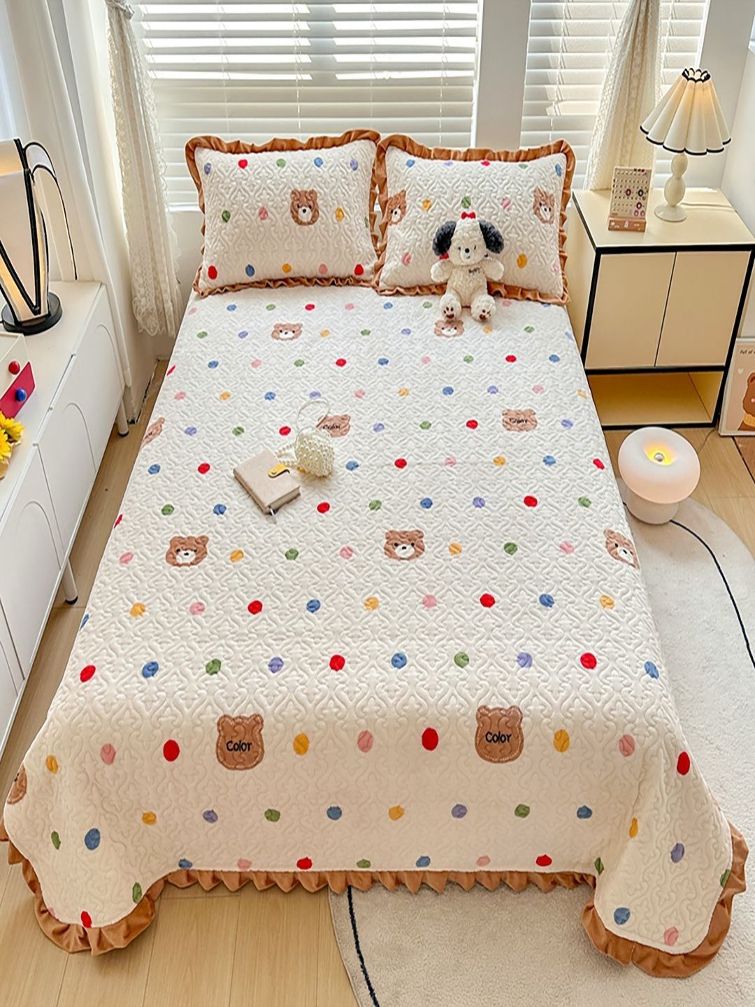 JC HOME Brown & White Printed Cotton Double Queen Bed & Pillow Cover
