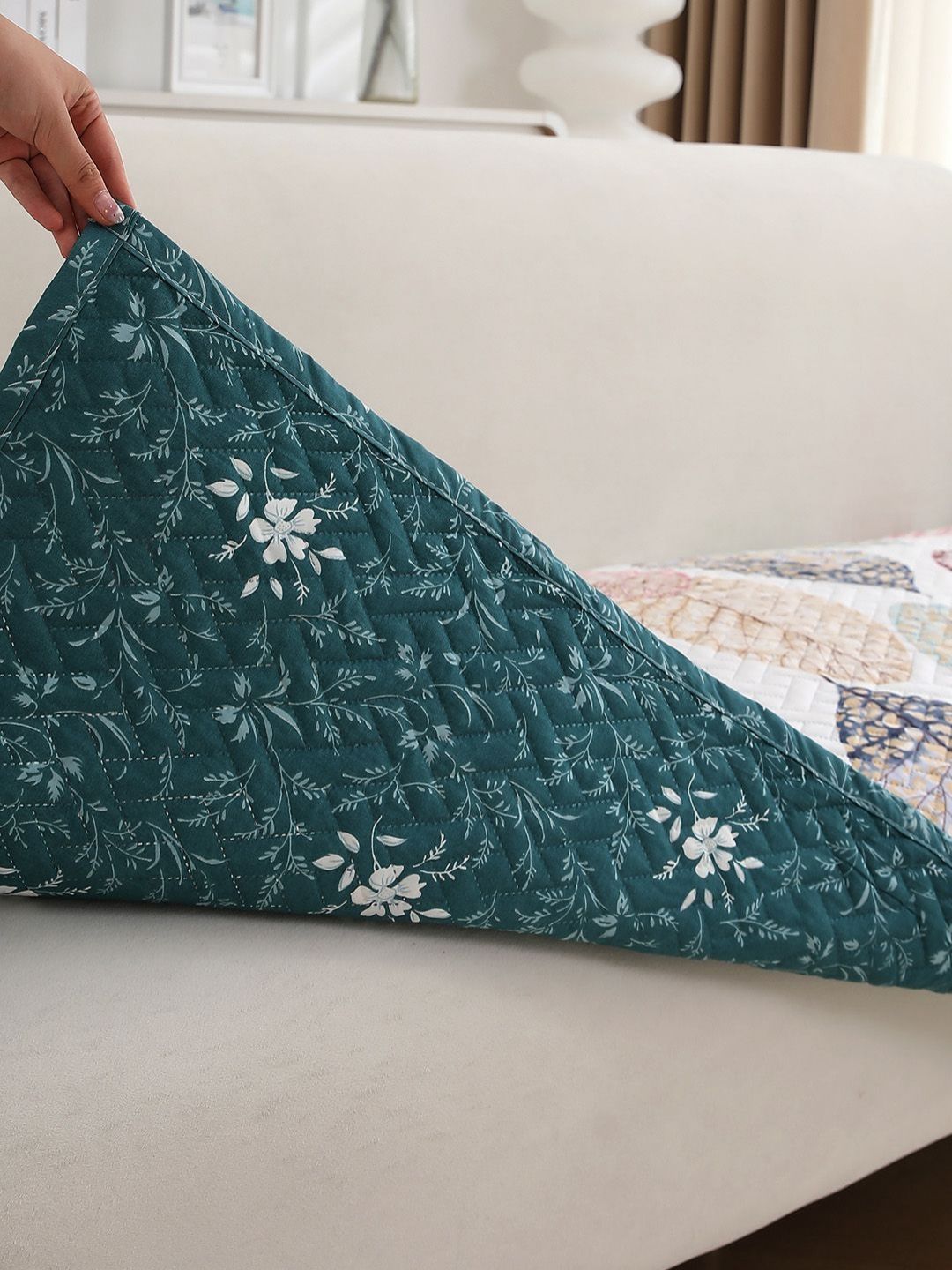 HOKIPO Quilted Linden Leaf Polyester 2PC L-Shape 4 Seater Sofa Mat-47x35In