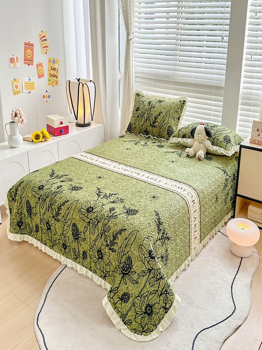 JC HOME Green & Black Printed Cotton Double King Bed & Pillow Cover