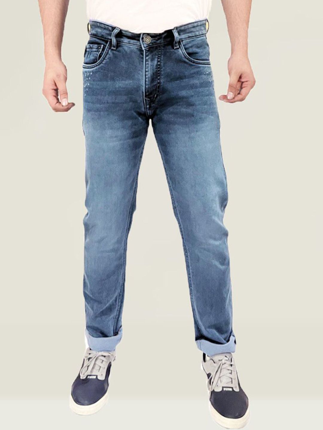 fineblu Men Slim Fit Low Distress Heavy Fade Stretchable Jeans
