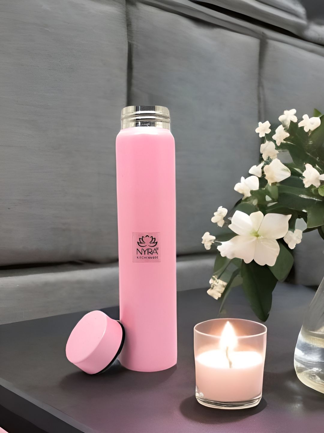 Nyra Kitchenware Pink Brand Logo Stainless Steel Single Wall Vacuum Water Bottle - 450ml