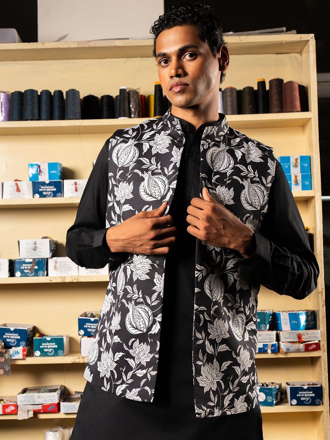 Project Bandi Printed Satin Nehru Jacket