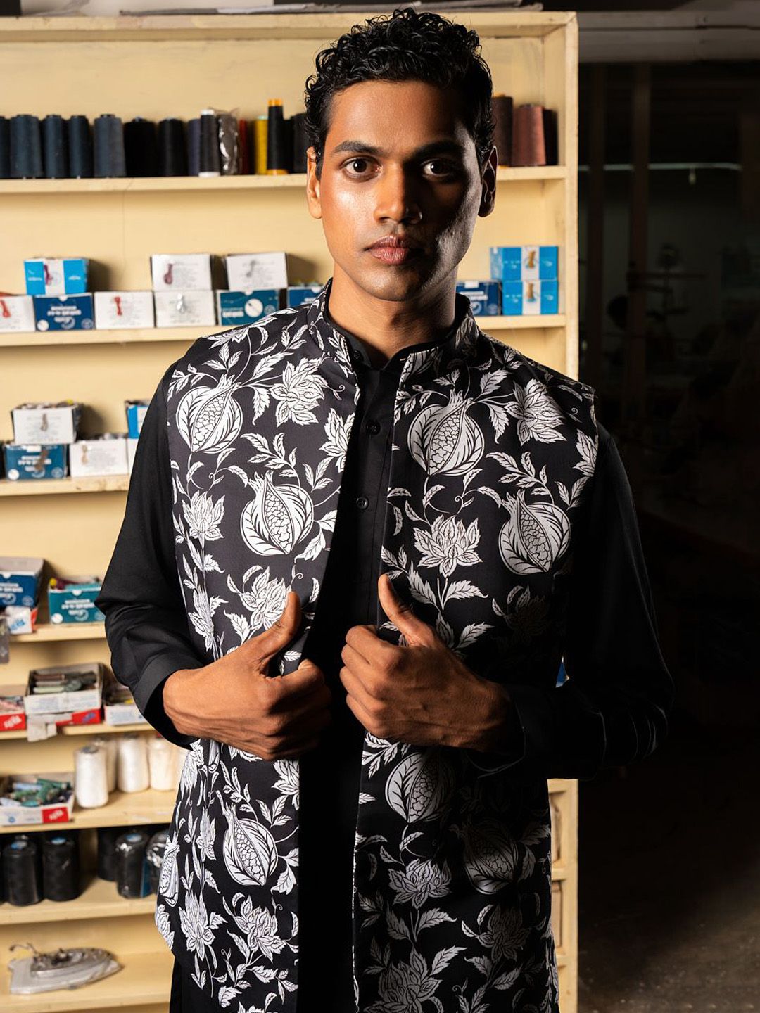 Project Bandi Printed Satin Nehru Jacket